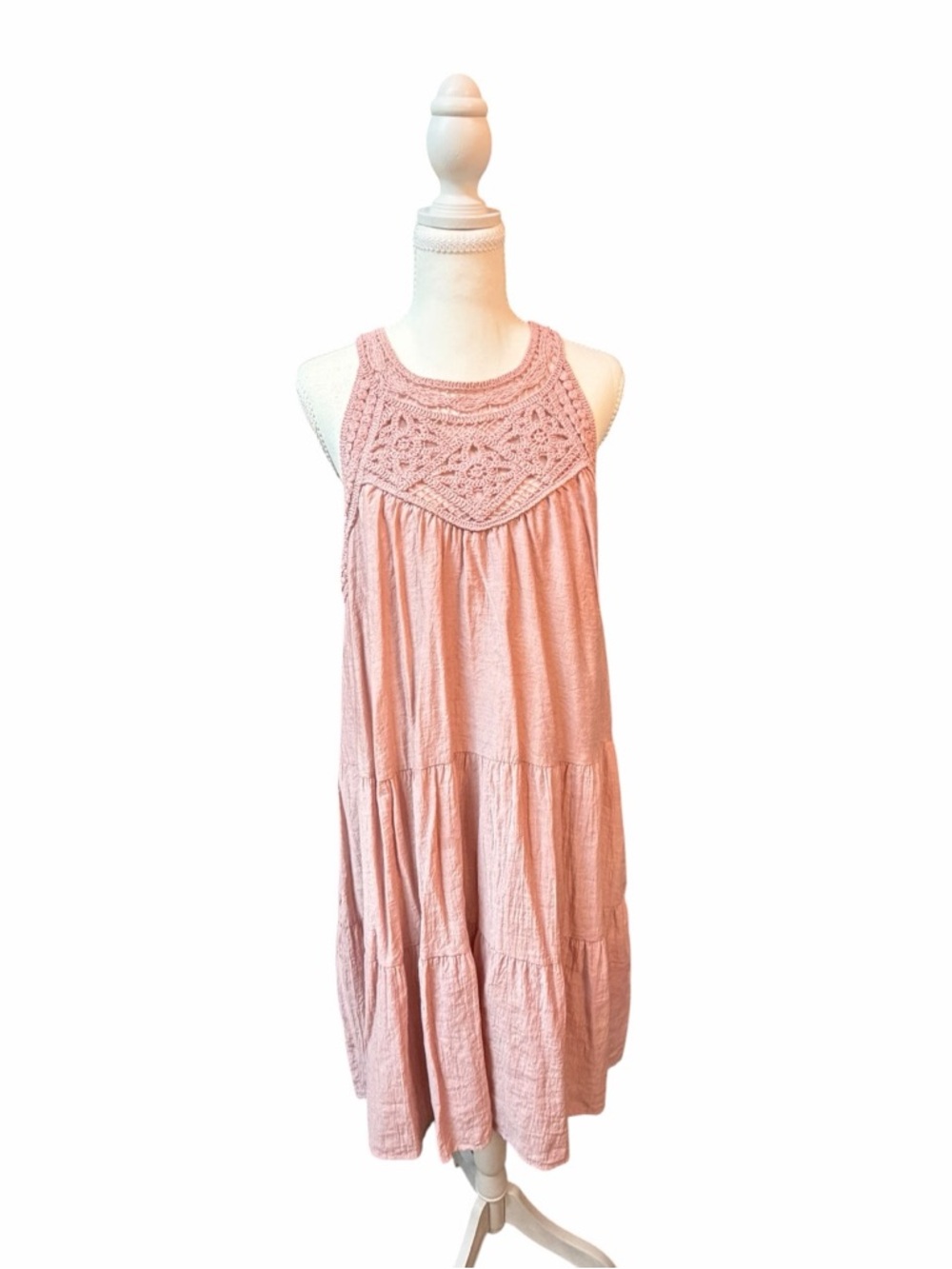 Boho Cottagecore Crochet Lace Yoke Tiered Swing Dress Pink XL